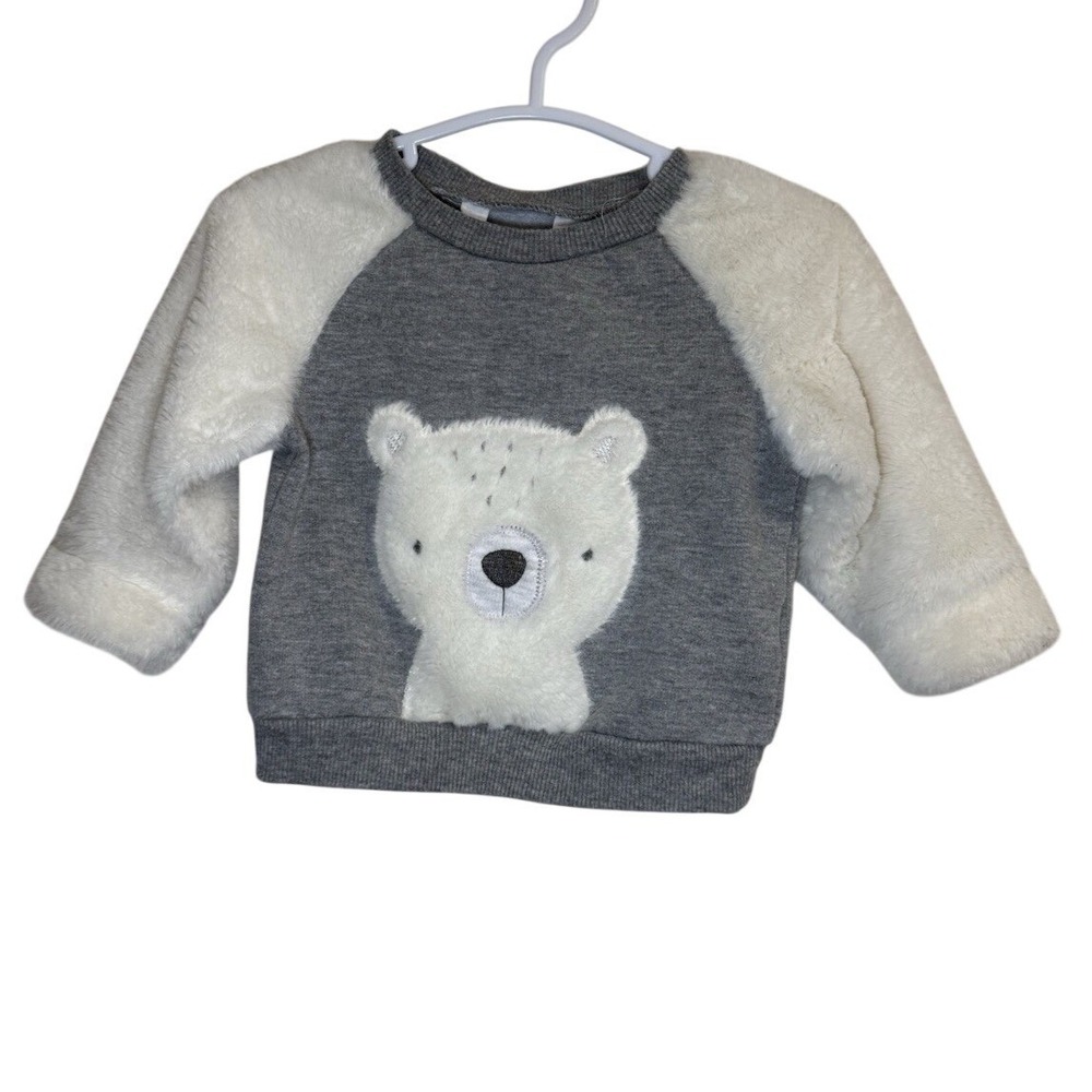 Rene Rofe Baby Polar Bear Sweatshirt Fuzzy Sleeve‎ Gray White 3-6 Month